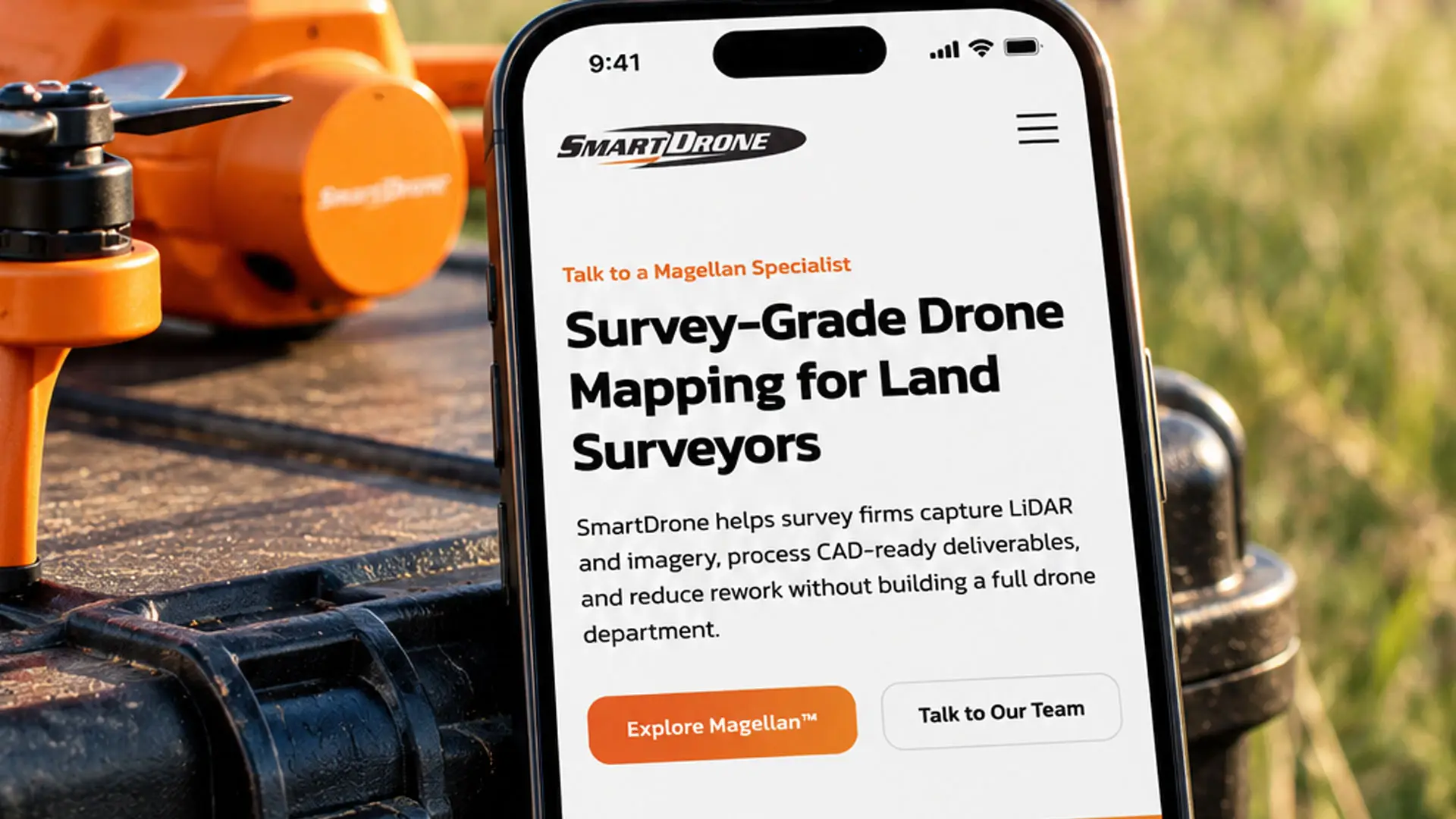 Mobile interface with a drone in the field in the background